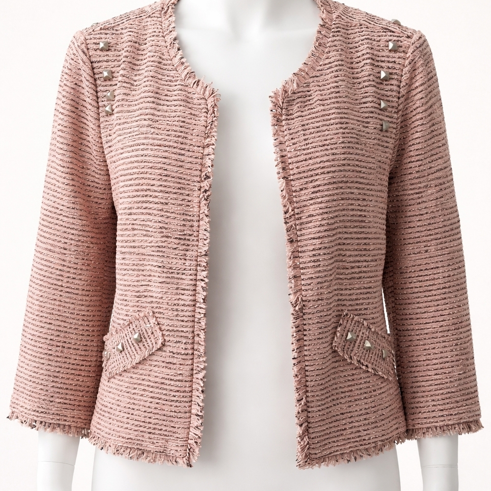 American Rag Blush Pink Tweed Fringe Open Jacket